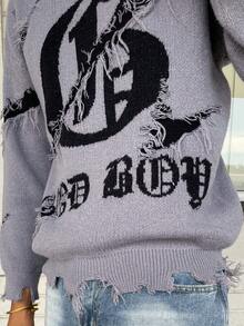 Ngobest Haus Ngobest Haus ANDREILEE 秋冬男女通用哥特街头风字母嵌花图案休闲宽松圆领插肩袖套头毛衣 - 灰色 - 查看 3