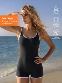 Swim Nautrix 女士度假露背镂空休闲冲浪连体衣 - 黑與白 - 查看 2