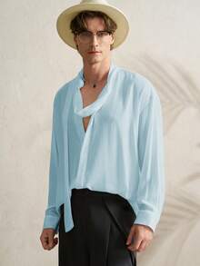 TONEVAULT 男士透視深V領長袖襯衫，春夏度假風外穿上衣，女款淺藍色雪紡衫 - 淺藍色 - 查看 6