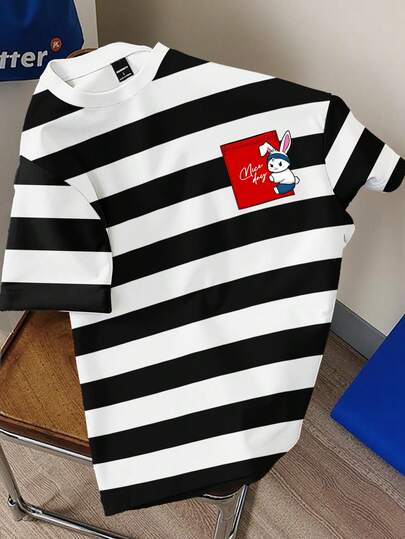 Manfinity Joysei 男士黑白条纹+口袋兔子图案印花圆领短袖T恤，休闲时尚百搭黑白条纹短袖T恤