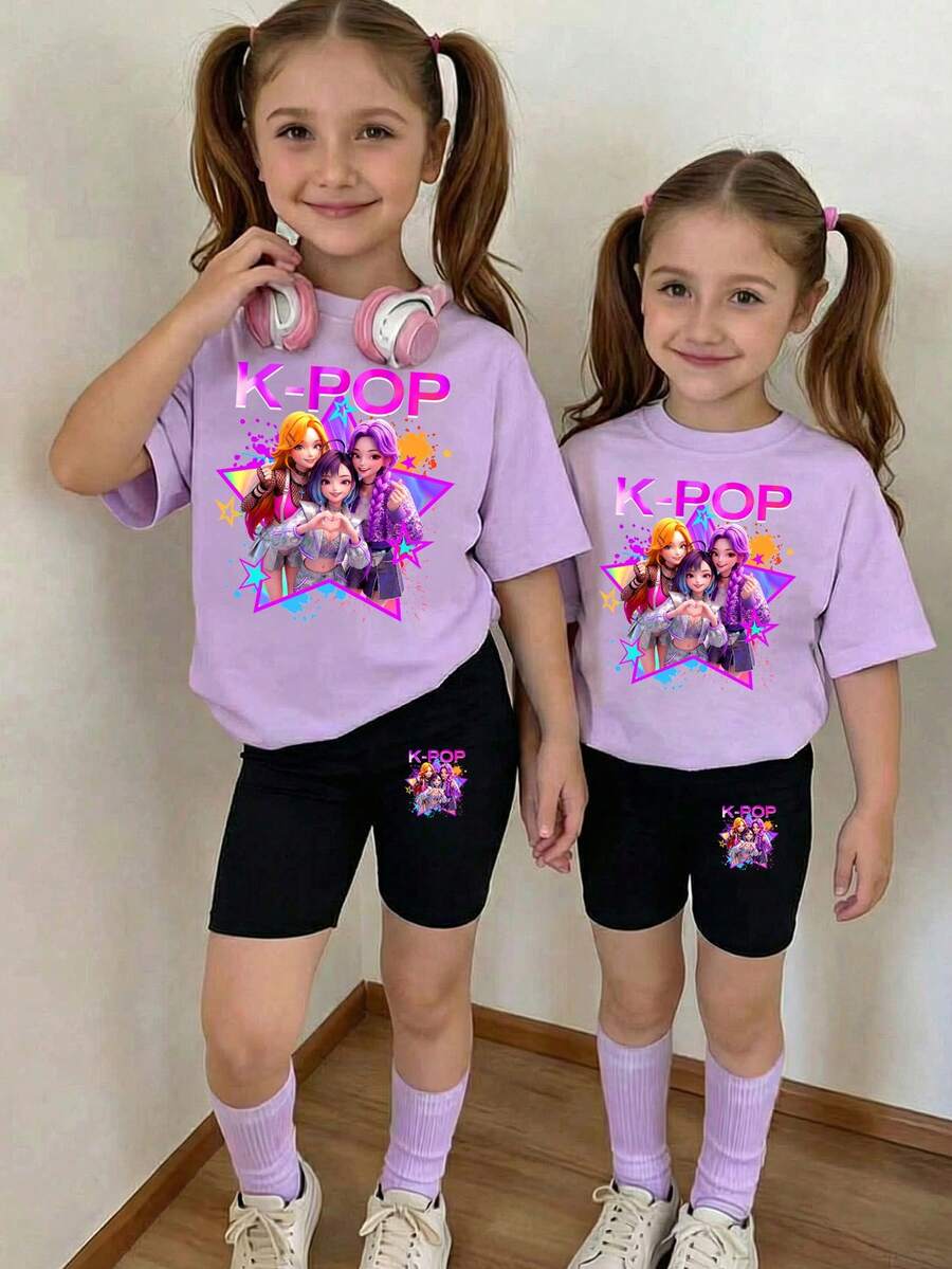 Young Girl Cartoon Print T-Shirt And Shorts Set - Multicolor - View 1