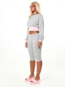 Women Capri Leggings With Baby Pink Back Text Print Mid Length Casual Ribbed Comfort Pants - Light Grey - View 4