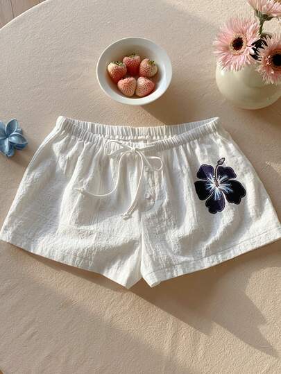 Comfortcana Women's Floral Print Drawstring Waist Casual Shorts, Cotton Linen