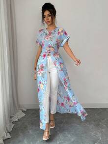 Breezaya Áo dài tay ngắn cổ tròn in hoa xẻ tà dành cho nữ, thích hợp cho kỳ nghỉ. - Màu xanh nhạt - Xem 5