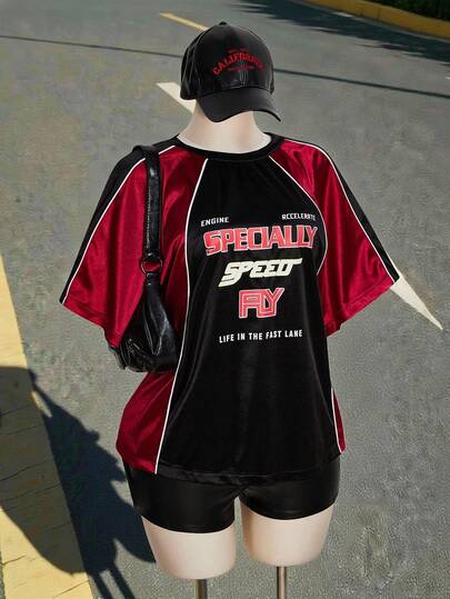 SHEIN ICON Women's Plus Size Retro, Avant-Garde, Bold, Modern, Fashionable, Sporty, Casual, Streetwear, Sportswear, Black And Red Color Blocking, Letter Print, Crew Neck, Loose Short Sleeve T-Shirt