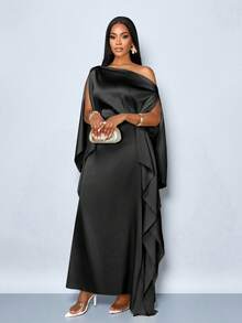 SOLERSUN Robe élégante et pour femmes, de couleur unie, avec col asymétrique, manches chauve-souris fluides et taille marquée. Idéale pour les mariages et les occasions formelles - Noir - Voir 7