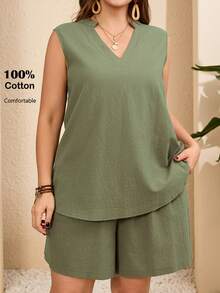 EMERY ROSE 2pc Set Plus Size Women's Summer Casual Vacation Country Solid Color Green V-Neck Sleeveless Blouse Top Shirt And Shorts Casual 2-Piece Set  With Pockets,Summer Outfits For Women ,Vacation Outfits Women ,Holiday Outfits For Women,Going Out Outfits,2026 New Clothes,Simple And Fashionable For Everyday Wear,Suitable For Summer, Vacation, Daily Wear, Festival Outfits For Women,Country Concert Outfit,Beach Outfits For Women,Western Style - Army Green - View 4