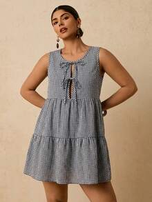 Travachic Đầm ngắn không tay màu đen thắt nơ phía trước, cỡ lớn, đa năng, kiểu dáng thường ngày, dành cho nữ, đầm mùa hè, đầm kẻ caro, đầm không tay. - Nhiều màu - Xem 7