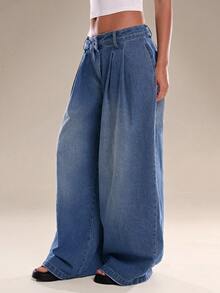 Avantive Quần jeans nữ ống rộng xếp ly, dáng suông, thoải mái, đa năng. - Rửa trung bình - Xem 5