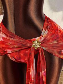 Amplova Conjunto de 3 piezas de traje de baño de mujer con efecto tie-dye rojo, con accesorios metálicos, sexy y vanguardista, adecuado para vacaciones en la playa, sexy y lindo con estampado floral - Multicolor - View 1