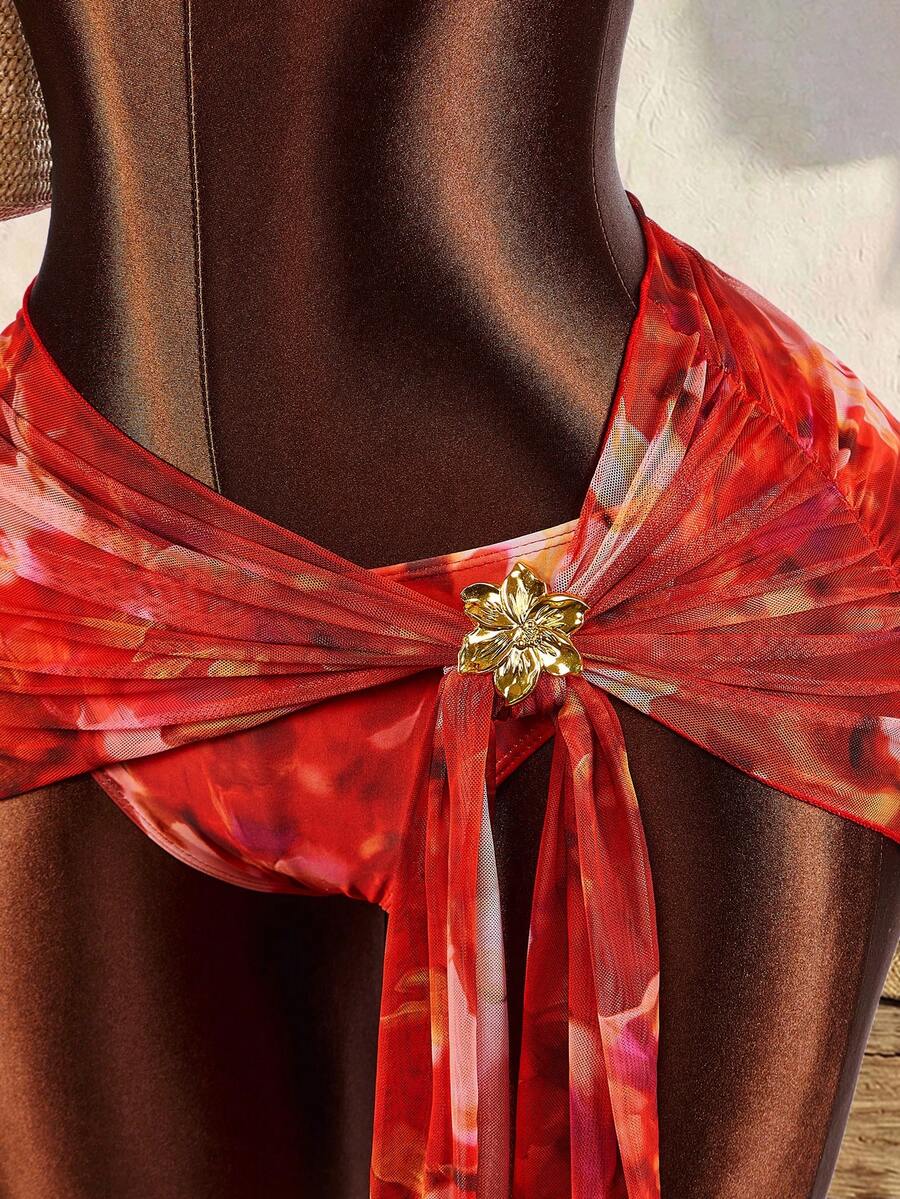 Amplova Conjunto de 3 piezas de traje de baño de mujer con efecto tie-dye rojo, con accesorios metálicos, sexy y vanguardista, adecuado para vacaciones en la playa, sexy y lindo con estampado floral - Multicolor - View 1
