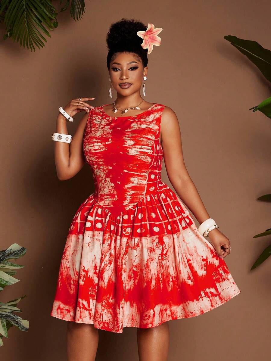 Maweii Plus Size Ruched Waist Round Neck Sleeveless Beach Vacation Sexy Halloween Print Dress - Orange - View 1