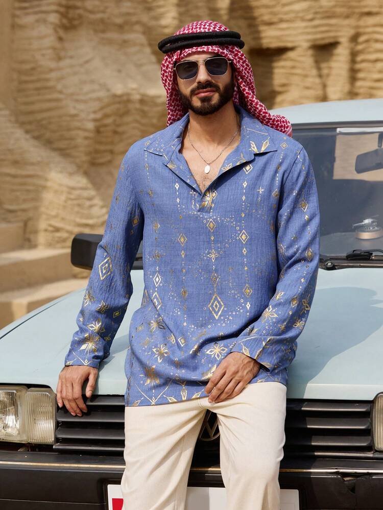 Spring Long Blue Shirt With Gold Foil Design, Middle Eastern Style For Men Summer Long Sleeve Tops Women