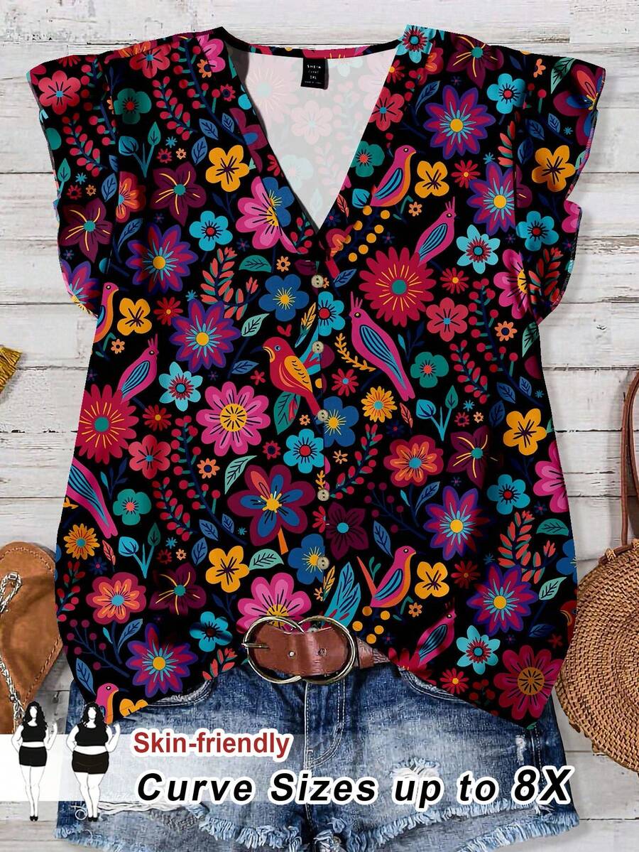 SHEIN CURVE+ قميص كاجوال فضفاض مطبوع بطبعة زهرية للنساء ذوات الحجم الكبير، مناسب للصيف - أبيض - مشاهدة 1