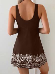 Swim Lushoire Đồ bơi Tankini kín đáo in họa tiết dành cho nữ, màu đen, hai mảnh, thích hợp cho kỳ nghỉ biển. - Cà phê nâu - Xem 2