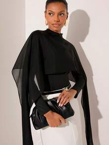 Lilora Women's Elegant Commuter 2 In 1 Shawl T-Shirt - Black - View 1