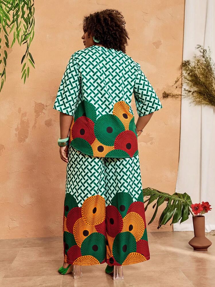 Plus Size Geometric Print Shirt And Pants 2 Pieces Set, Casual Holiday Outfit Women Summer 2 Piece Sets Women Vacation Outfit Sets Womans 2 Piece Sets Women's Summer Two-Piece Sets Summer Outfits Summer Clothes Spring Dress Spring Outfit Women Spring Clothing Beach Vacation Outfits For Women Vacation Dress Bohemian   Festival Outfits For Women Beach Outfits For Women