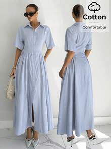 Siren Gaze Elegantes Damen-Maxi-Hemdkleid aus französischer Baumwolle, blau-weiß gestreift, Kurzarm, mit Kragen, Knopfleiste, tailliert, A-Linie, für Sommer-Brunch - Blau-Weiß - Übersicht 4