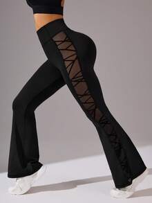 SHEIN Velisys FY3021 Black Mesh Patchwork Flare Leg Sports Pants Set - Black - View 4