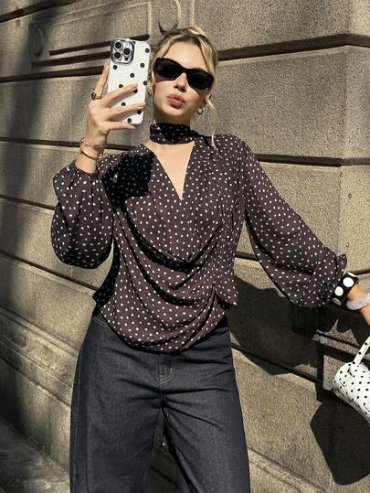 MainGRL Women's Spring/Summer Vacation Youthful & Energetic Outfit, Brown Base Blue Polka Dot Ruffled Collar Chiffon Blouse, Suitable For Vacation, Daily Wear, Romantic, Dating