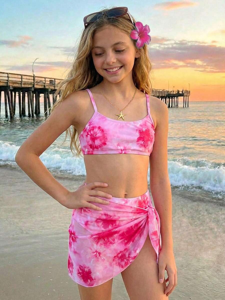 SHEIN 少女夏季柔软印花三件套泳衣,适合海滩、度假村、夏威夷度假、休闲、时尚、百搭、派对、户外、姐妹合照、公园、露营、假日、日常休闲等场合。 - 粉色 - 查看 1