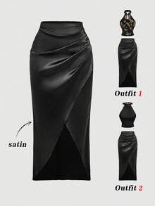 SHEIN MOD 女士时尚不对称下摆缎面半身裙，开衩半身裙，优雅半身裙，适合婚礼及活动、外出、派对、嘉年华服装、毕业典礼半身裙、奢华晚宴、黑色半身裙、婚礼宾客、外出等场合 - 黑色 - 查看 1