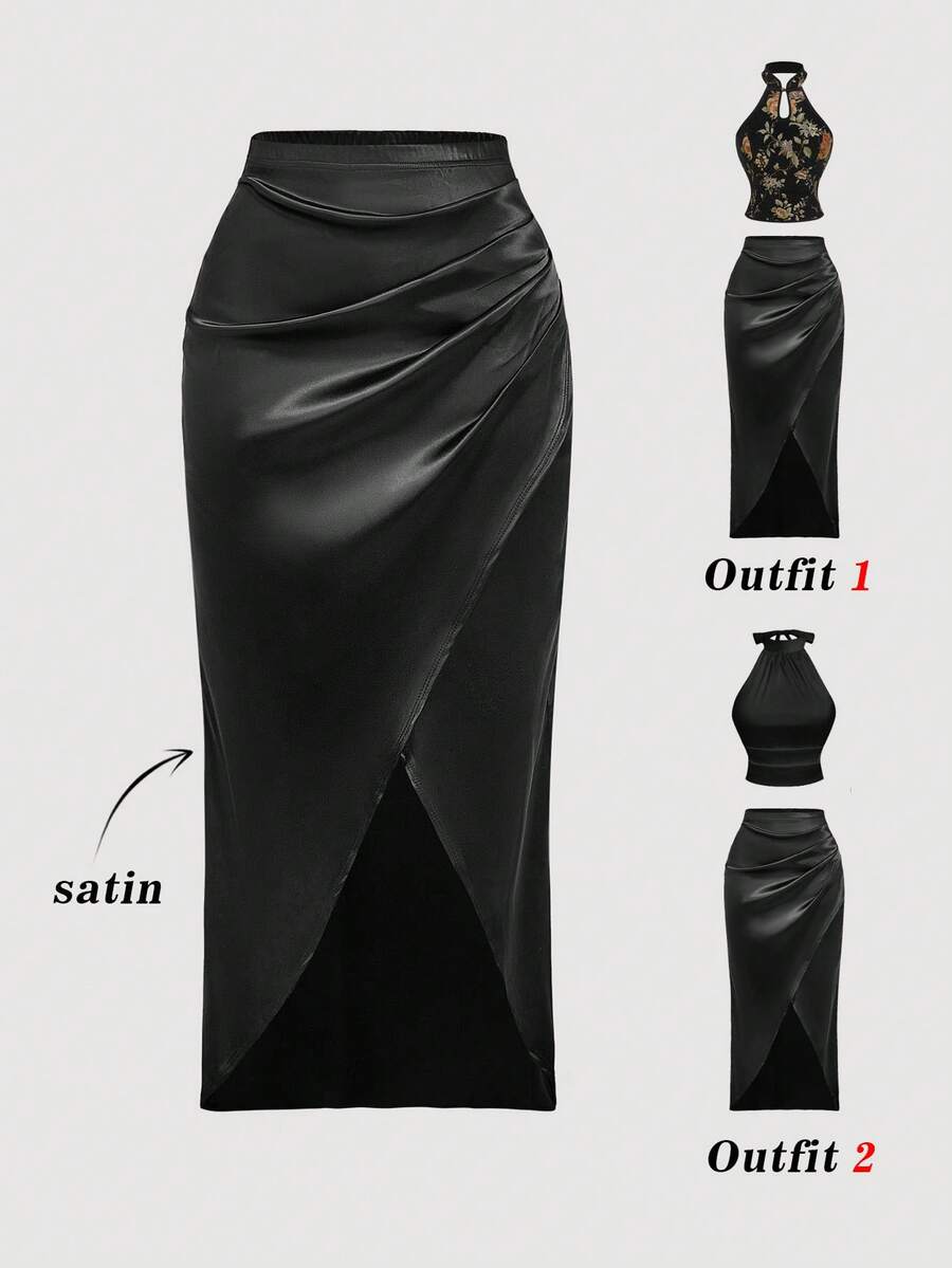 SHEIN MOD 女士时尚不对称下摆缎面半身裙，开衩半身裙，优雅半身裙，适合婚礼及活动、外出、派对、嘉年华服装、毕业典礼半身裙、奢华晚宴、黑色半身裙、婚礼宾客、外出等场合 - 黑色 - 查看 1