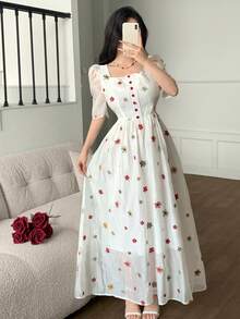 Modelyn 浪漫优雅圆领彩色刺绣花瓣袖喇叭连衣裙，春夏款 - 彩色 - 查看 7