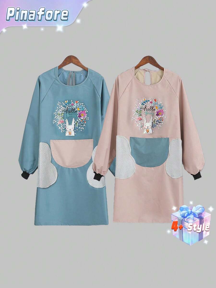 1件花环兔子图案厨房围裙,防水防油,情侣工作/烹饪围裙,可调节颈围,带1个毛巾口袋,适合母亲节/父亲节礼物,男女通用 - 彩色 - 查看 1