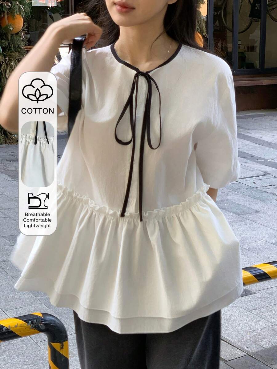 FRIFUL Women's Round Neck Loose Collar Color Block Bow Patchwork Ruffle Hem Blouse Summer - White - View 1