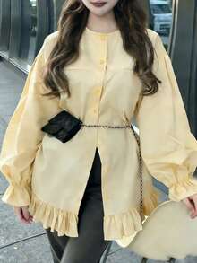 FRIFUL Women's Casual/Office Commute Solid Color Ruffle Sleeve Single-Breasted Shirt, Excluding Waist Bag - Yellow - View 4