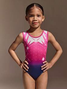 2pcs Girls' Activewear Set,Black And Purple Gradient Print Leotard,Soft Stretchy Fabric,Suitable For Gymnastics,Summer,Gym,Sport Training Exercises - Multicolor - View 3