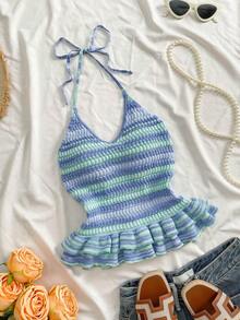 GlowEve Elegant Fitted Ombre Textured Knit Camisole Top For Women, Spring/Summer - Blue - View 3