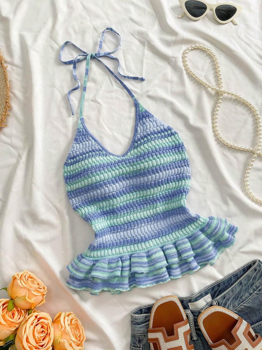 GlowEve 优雅修身渐变纹理针织吊带背心，女士春夏款 - 藍色 - 查看 1