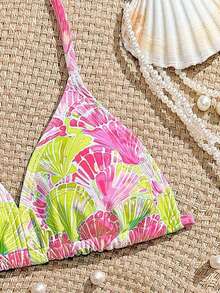 SHEIN 少女比基尼套装，黄粉贝壳印花，针织面料，两件式泳衣，时尚休闲优雅，适合游泳、度假和夏季穿着。 - 彩色 - 查看 4