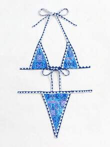 SHEIN Swim 滿版印花掛脖比基尼泳裝 - 彩色 - 查看 3