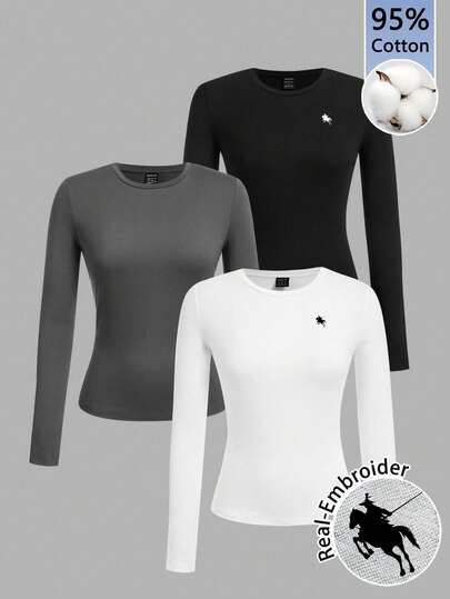 Tseoso 3pcs Women's Round Neck Horse Embroidery Pattern Casual Slim Fit Long Sleeve T-Shirt Set, 95% Cotton, Suitable For Outings, Travel, Chic, Home Wear