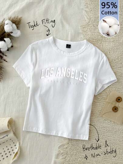 Tseoso 一件纯色修身T恤，95%棉，压纹英文图案，适合海滩、郊游、旅行、休闲穿着，时尚百搭。