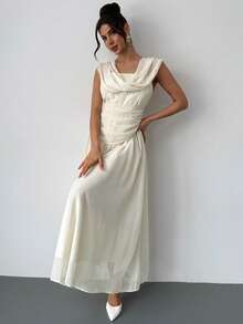 Firerie 女士优雅高端休闲日常通勤百搭蕾丝拼接飘逸长裙 - 淡黃色 - 查看 3