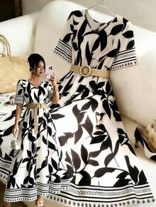 GlowEve Women's Elegant Leaf Print V-Neck Short Sleeve Dress, Summer - Multicolor - View 7