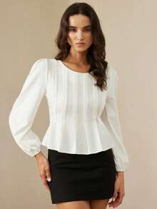 BELROSIE Nueva llegada Blusa elegante de mujer con mangas de linterna de imitación de lino fruncido y cintura ceñida - Blanco - Ver 3