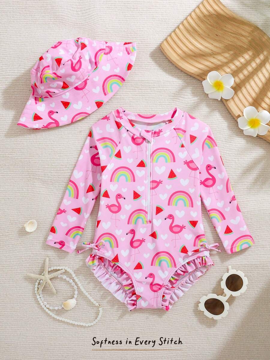 SHEIN 女婴彩虹图案针织柔软圆领长袖泳衣和帽子两件套 - 粉色 - 查看 1