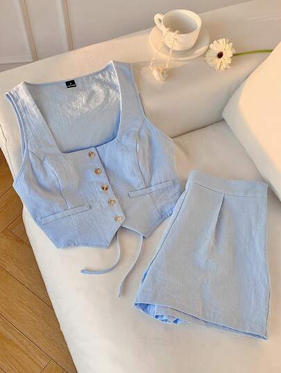 Comfortcana Nuevo conjunto de 2 piezas de verano para mujer, 100% algodón puro azul, sin mangas, corto, para fiesta, playa, boda, graduación, salida, baile de graduación, cumpleaños, elegante, vacaciones, casual, de lujo, deportivo, formal