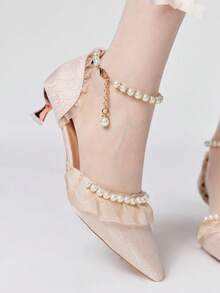 ROMWE Kawaii Elegant Pearl Wedding High Heels - Champagne - View 3
