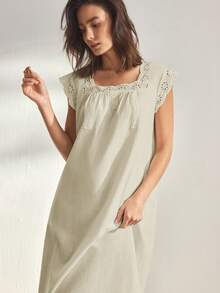 Ocili 100%纯棉柔软舒适荷叶边蝴蝶结睡裙，女士睡衣连衣裙 - 米色 - 查看 4