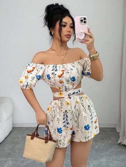 Elenzga Women's Casual Elegant Apricot Floral Off Shoulder Tie-Waist Slim-Fit Romper, Spring/Summer