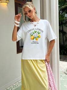 MainGRL 女士休闲柠檬印花T恤和裙子两件套 - 白色 - 查看 3