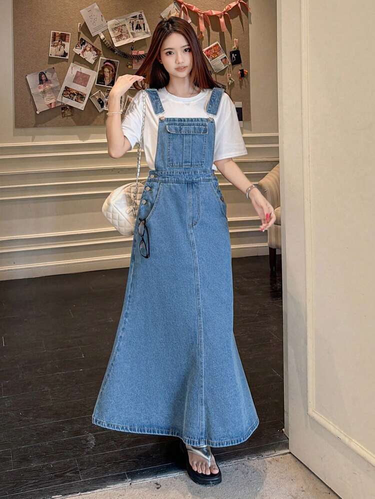 Women's Vintage Korean Style Washed Denim Pinafore Dress