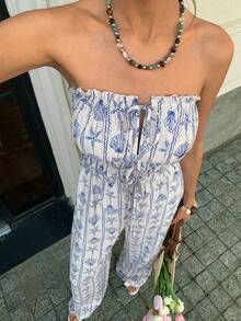 Elyressa 女士度假风无肩带休闲连体裤，蓝色贝壳和海星印花设计，收腰，正面褶皱，蝴蝶结宽松直筒阔腿裤 - 藍白色 - 查看 5