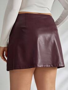 SHEIN Tall CURVE Váy ngắn cạp trễ vừa vặn cỡ lớn, váy da, váy mùa thu - Màu Đỏ Sâu - Xem 2